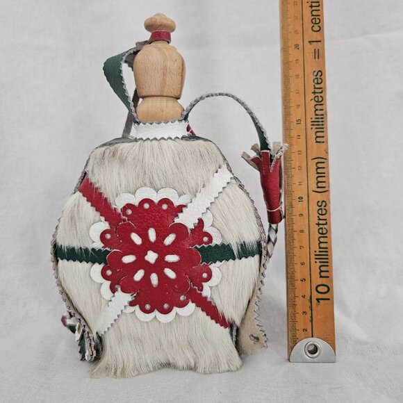 Vintage Hungarian Leather & Cowhide Decorative Canteen Flask – Red Green White - Picture 3 of 9